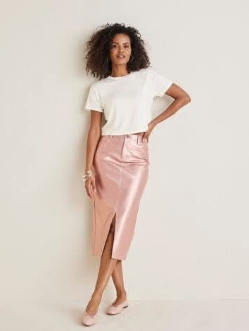 VENUS Metallic Rose Pink Midi Skirt